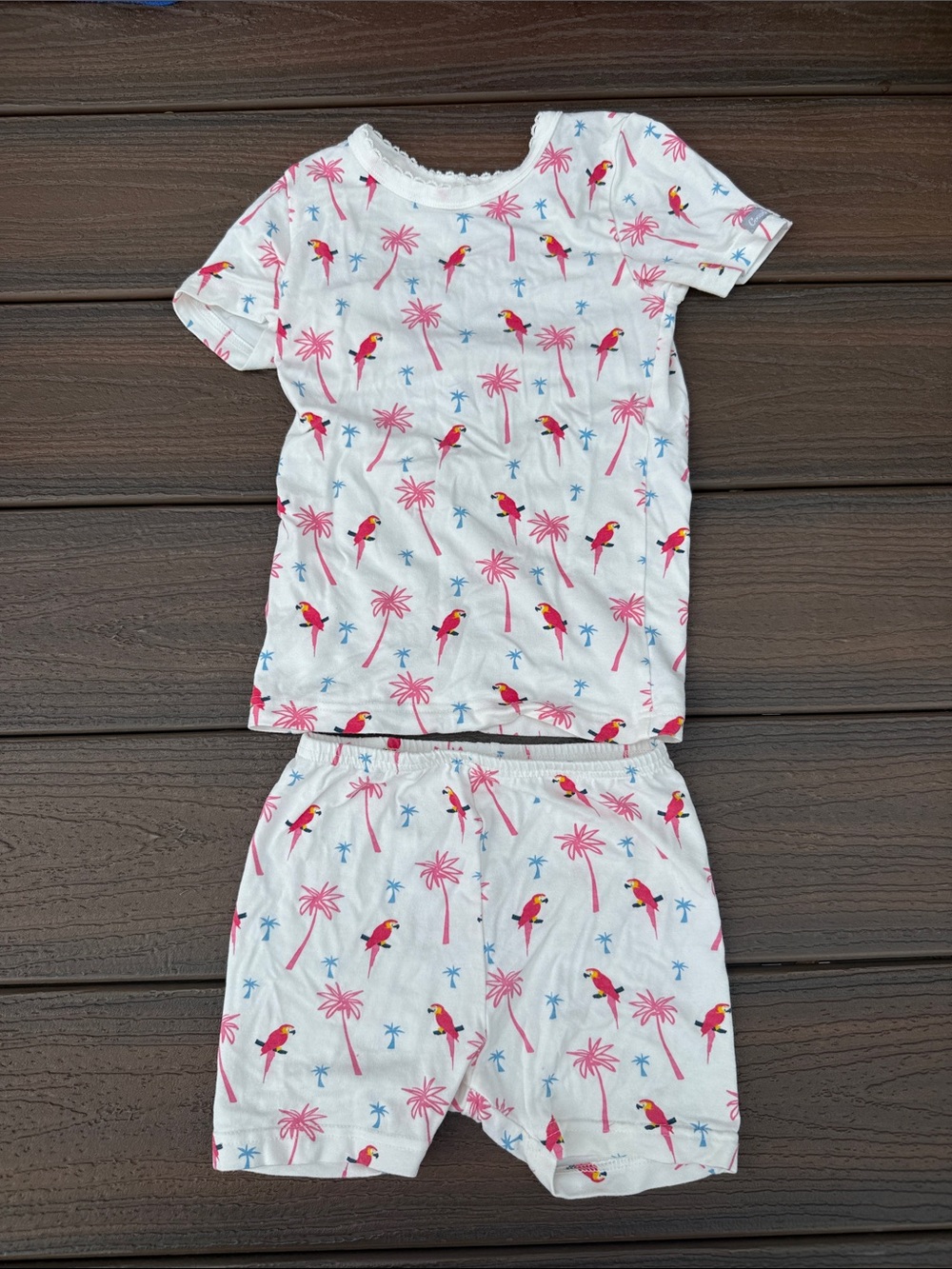 Coccoli White Short Pajama Set with Pink Palms & Red Parrots